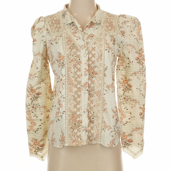 LoveShackFancy Tops - LoveShackFancy Cream Shoulder Puff Floral Blouse